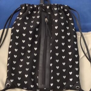 Black Drawstring Backpack with Silver Hearts